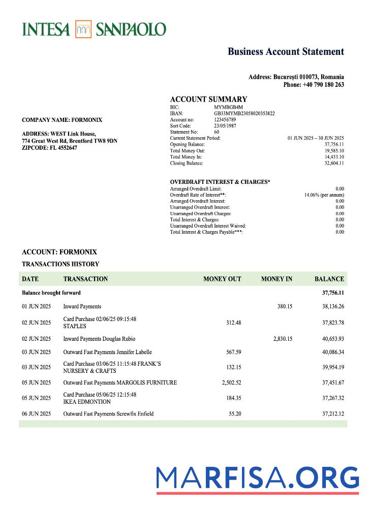 Downloadable Romania Intesa Sanpaolo business account statement Word and PDF template